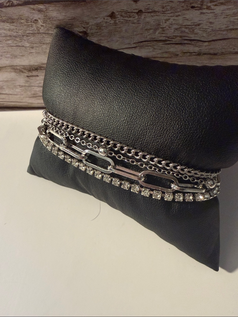 Layered Chain and Rhinestone Bracelets Set - Silver - Picture 3 of 10